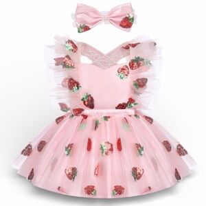 Baby Toddler Girl Dress Lace Butterfly Strawberry Ruffle Birthday 12-18 M B4